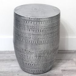Drum Accent Table in Antique Silver with Tribal Pattern, - Like New