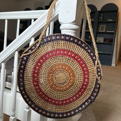 Vintage Raffia Straw Shoulder bag Tote Boho Chic African Straw Round 16”