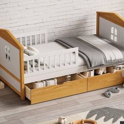 White And walnut wood frame twin house Shape Bed With Two Drawers 
