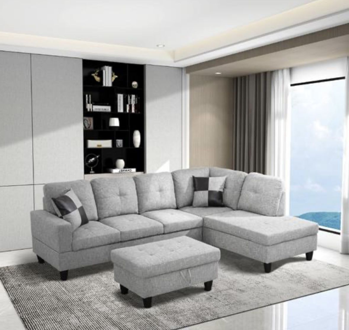 New Light Gray Linen/tweed Sectional Sofa With Storage Ottoman
