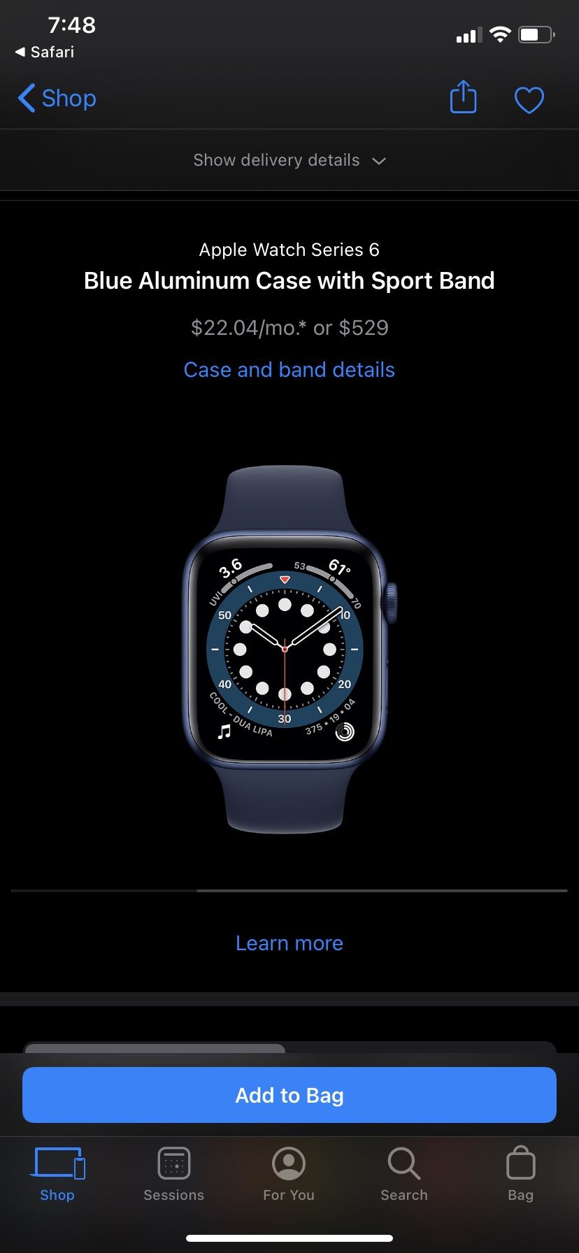 Apple Watch Series 6 GPS, 44mm Blue Aluminum Case With Deep Navy Sport Band