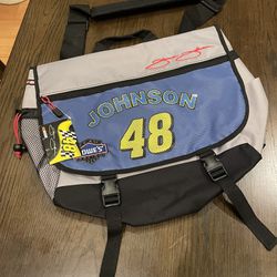 NEW WITH TAGS. Jimmy Johnson #48 Blue Canvas Messenger Duffle Bag Sports Bag NASCAR 2005. Only the N in Johnson is a bit faded