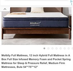 Molblly Full Mattress, 12 inch Hybrid Full Mattress in A Box Full Size Infused Memory Foam and Pocket Spring Mattress for Sleep & Pressure Relief,