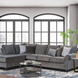 2 Pc Gray Fabric Sectional With Accent Pillows (New)