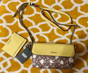DKNY Yellow/Brown Logo Small Crossbody Bag Snap, Card Holder
