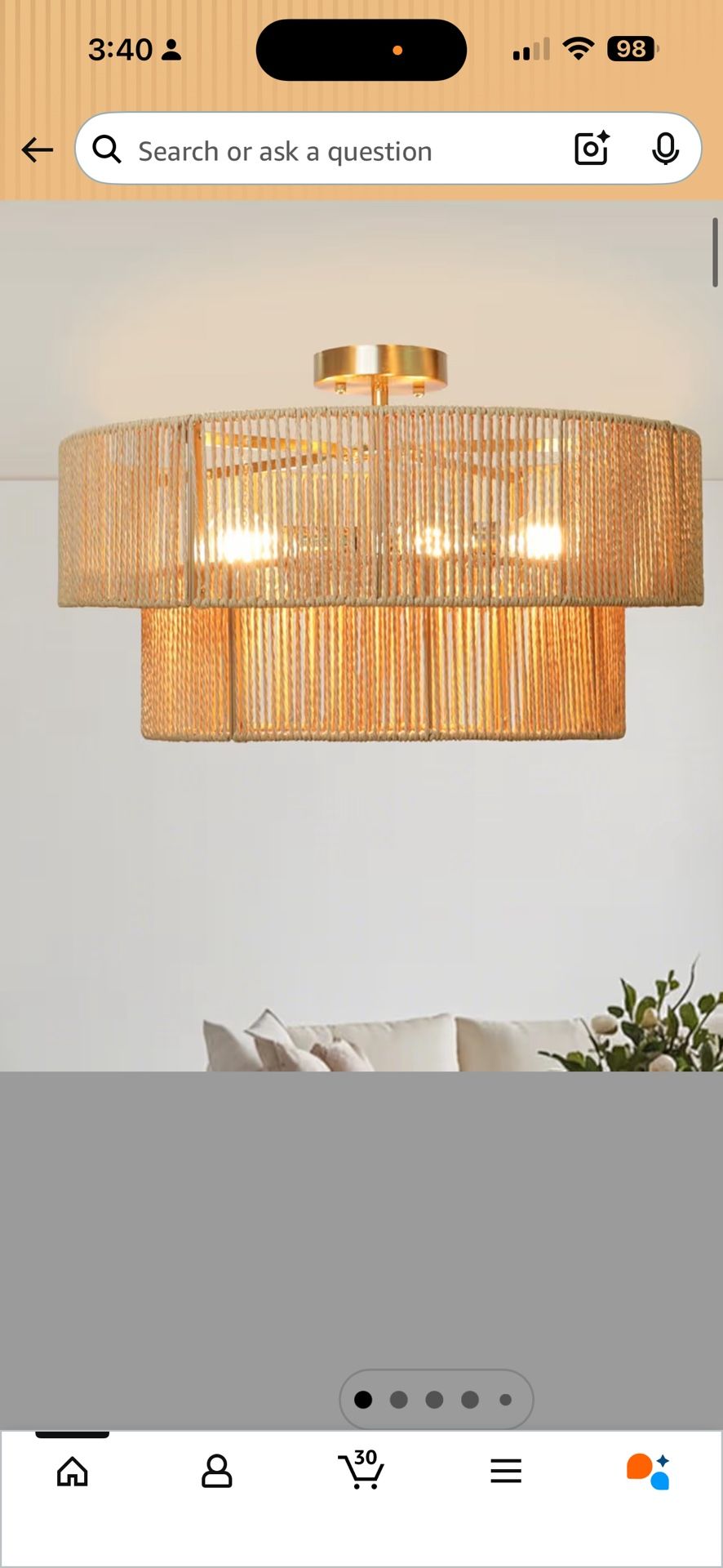 21" Natural Rattan Ceiling Light, Semi Flush Mount Gold Ceiling Lights, 5-Light Boho Chandelier with 2-Tier Drum Shade, Farmhouse Lighting Fixtures fo