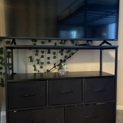 Black Metal TV Stand With Shelf and 5 Drawer Storage 
