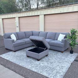 Costco Thomasville Emilee Grey Fabric Sectional + Storage Ottoman – Delivery