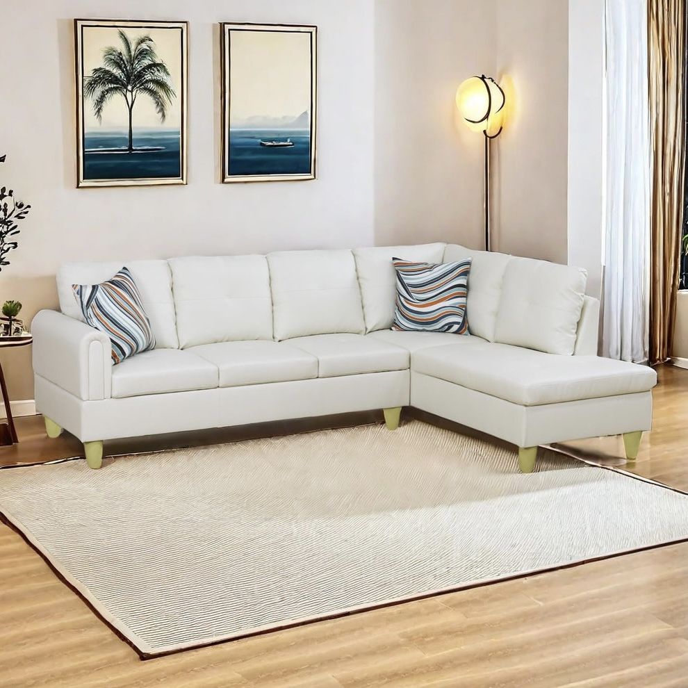 New White Leather Sectional Sofa / Couch with Chaise (Can Deliver)