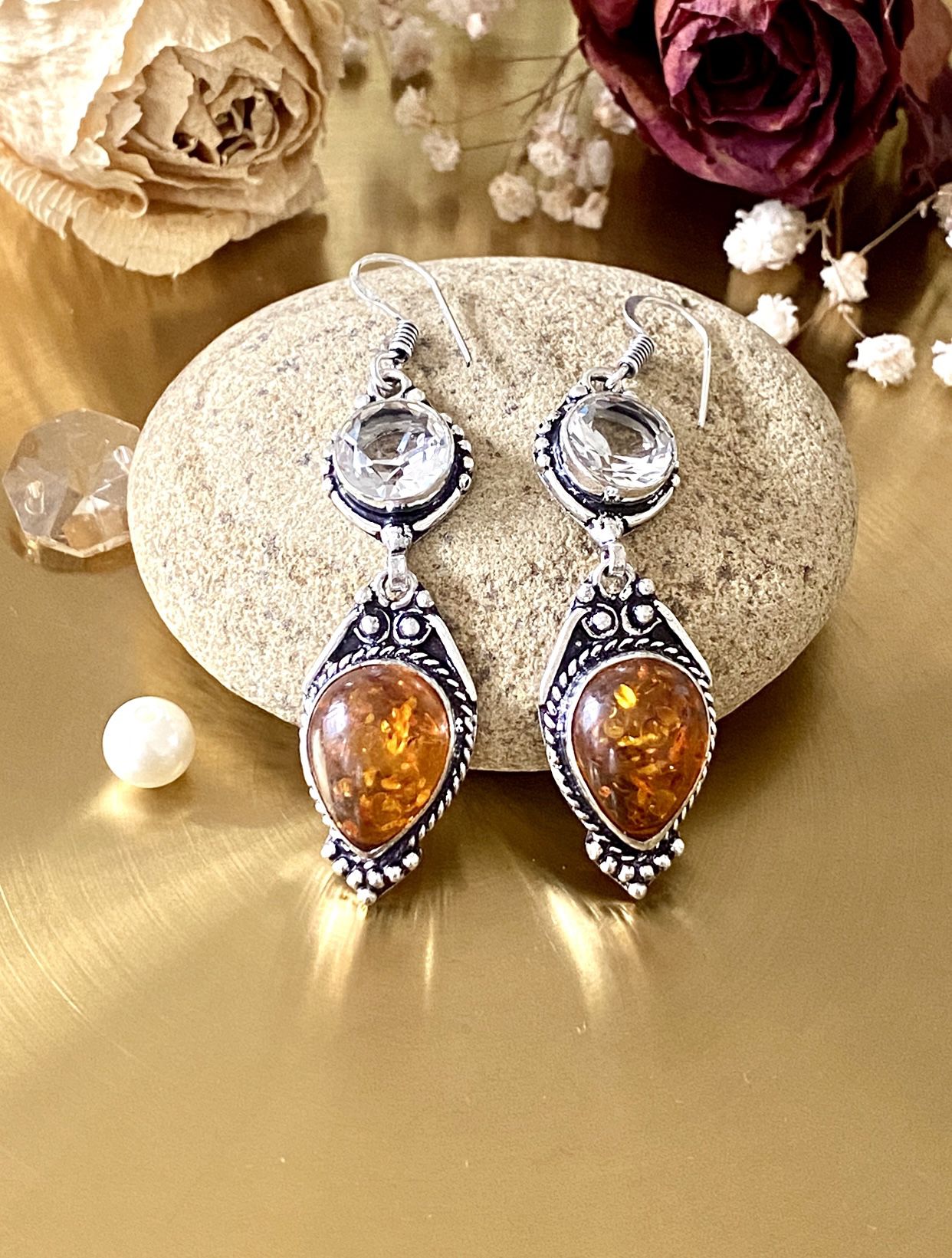 Baltic Amber And White Topaz 925 Sterling Silver Overlay Handcrafted Earring