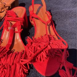 New Aquazzura Firenze Red and Brown Suede Sandals Fringe and Tassel Accents 