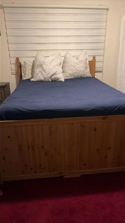 Queen size bed frame with boxspring and mattress
