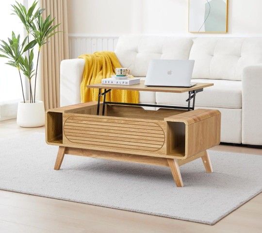 Small Lift Top Coffee Table with Hidden Compartment, Mid Century Modern Curved Coffee Table with Storage Shelf, Wooden Rectangle Center Table with Lif