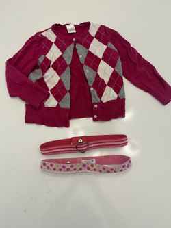 Crewcuts Pink Argyle Cardigan with Pink Floral and Striped Belts Size 4-5