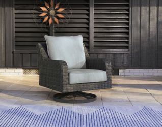 Outdoor Patio Swivel Lounge Chair in Grey Fabric and Resin Wicker