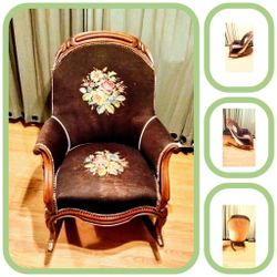 Antique, vintage wood rocking chair, brown and tan with flowers , Furniture 