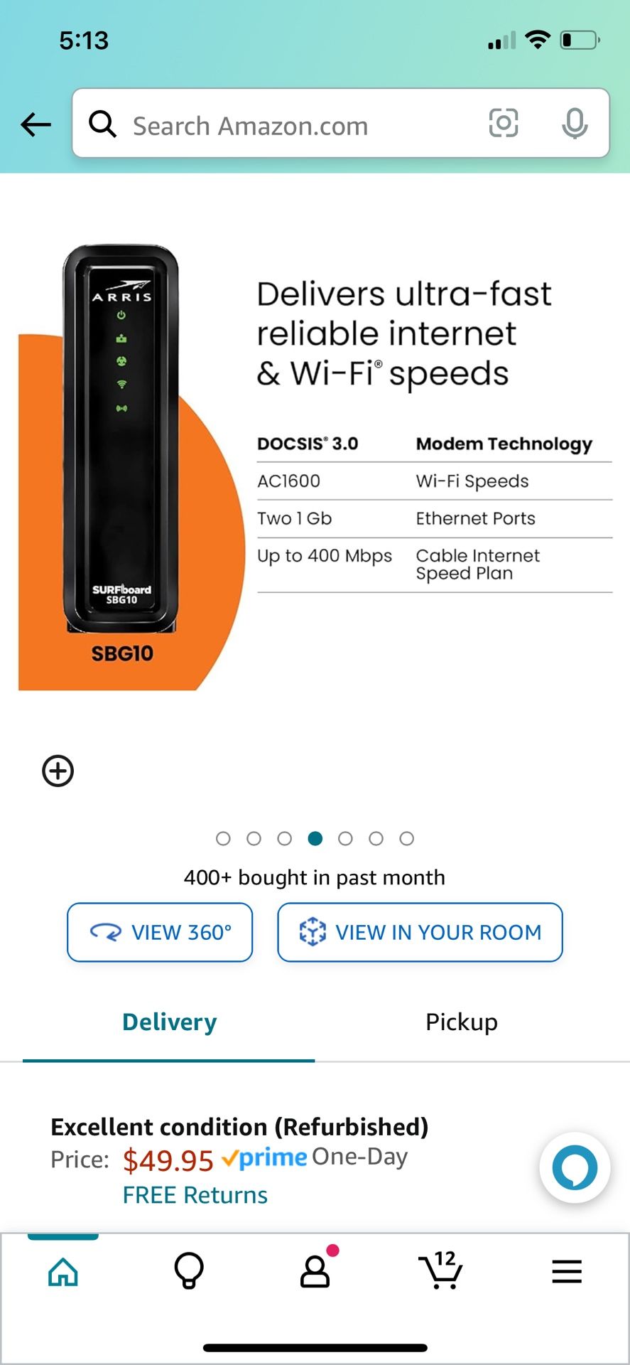ARRIS Surfboard SBG10-RB DOCSIS 3.0 Cable Modem & AC1600 Dual Band Wi-Fi Router, Approved for Cox, Spectrum, Xfinity & Others