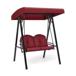 Brand new 2-Person Metal Patio Swing with A-Shaped Metal Stand and Adjustable Canopy in Wine $150  Warehouse Clearance Sale   🔥First Come, First Serv