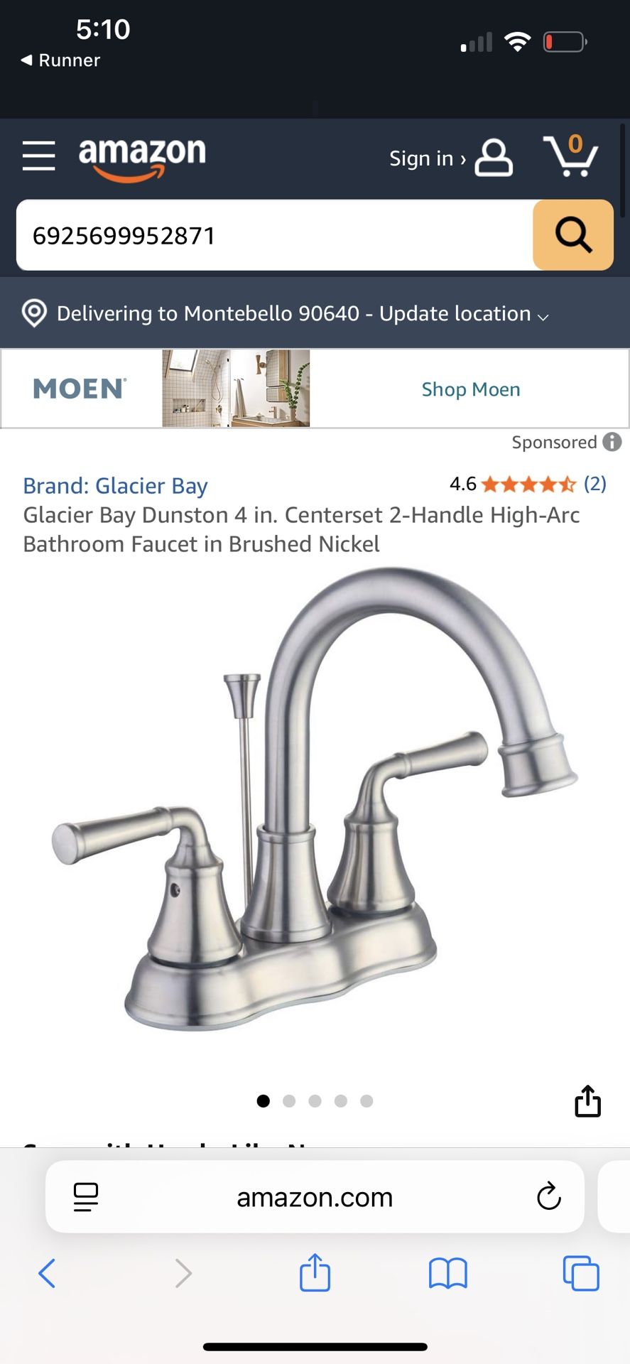 Glacier Bay Dunston 4 in. Centerset 2-Handle High-Arc Bathroom Faucet in Brushed Nickel