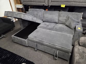 Brand New Pull Out Bed Grey Corduroy Fabric W/ Storage USB Outlet 2 Pillows $469