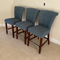 Counter Height Stools, Set Of Three, Blue With Nailhead Trim