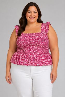 Women's Pink/White Floral Smocked Square Neck Ruffle Peplum Tank 3XL
