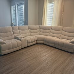 Beige Ivory 6 Piece Power Reclining L-Shaped Sectional | Storage | Cupholders | USB