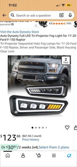 Auto Dynasty Full LED Tri-Projector Fog Light for 17-20 Ford F-150 Raptor Tri-Projector Sequential Halo Fog Lamps for 17-20 Ford F-150 Raptor, Driver 