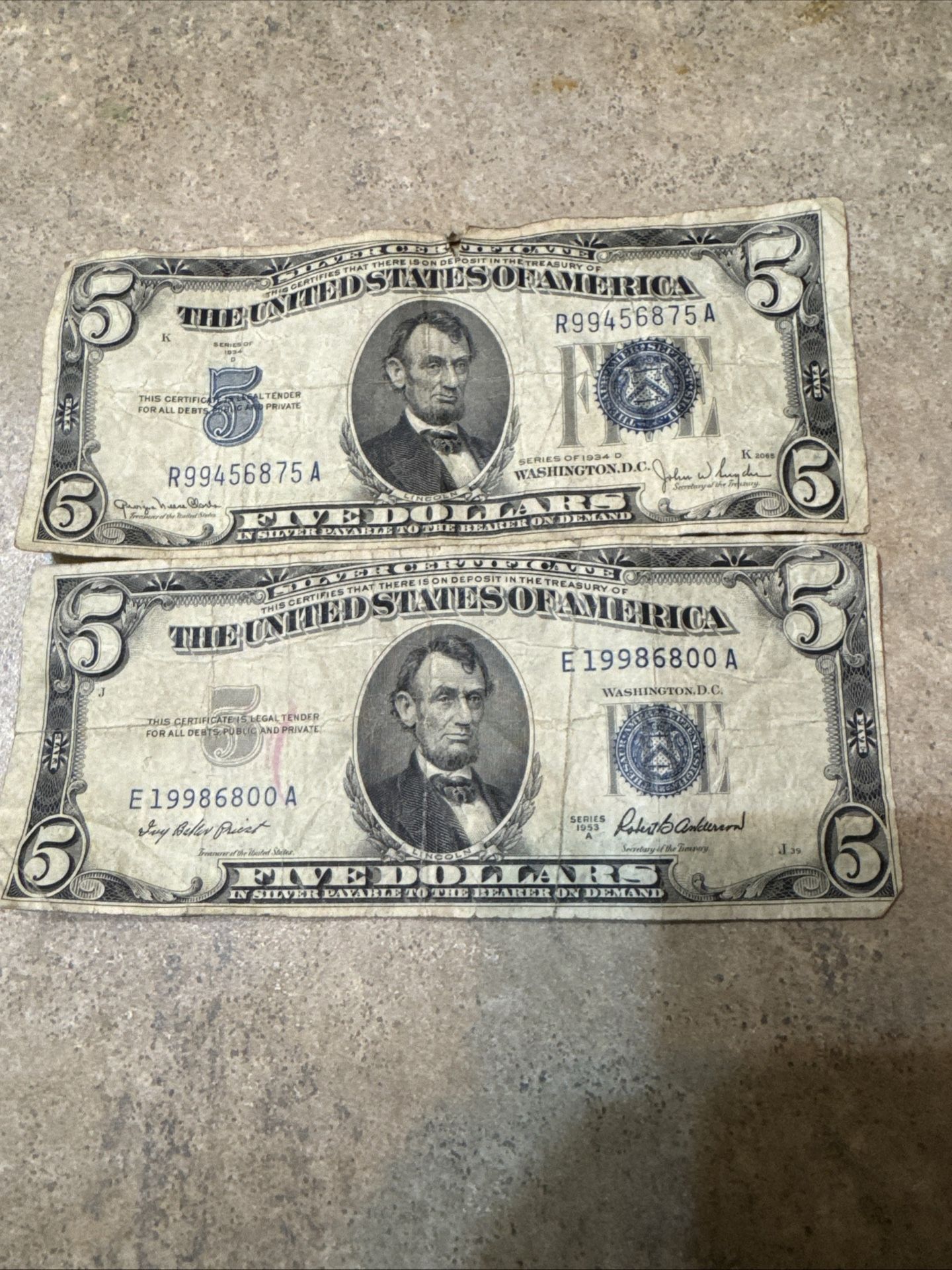 1953A & 1934D $5 Five Dollar Silver Certificate Blue Seal STAR Lot Of 2!