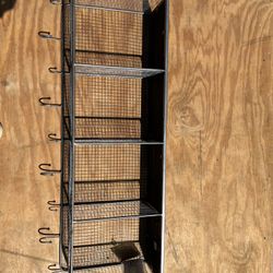 Wide Metal And Wood Wall Shelf W/hooks