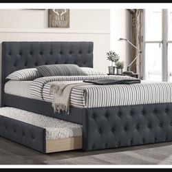 New In Box FULL BED W/TRUNDLE  CHARCOAL BURLAP  And 2 Mattresses.