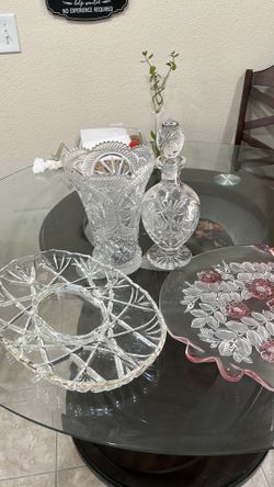 Vintage Crystal Vase, Decanter & Glass Serving Plates Lot