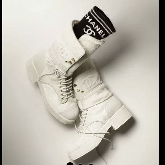 2022 Chanel Lace Up Boots White & Black 37 EUR Fabric & Grosgrain