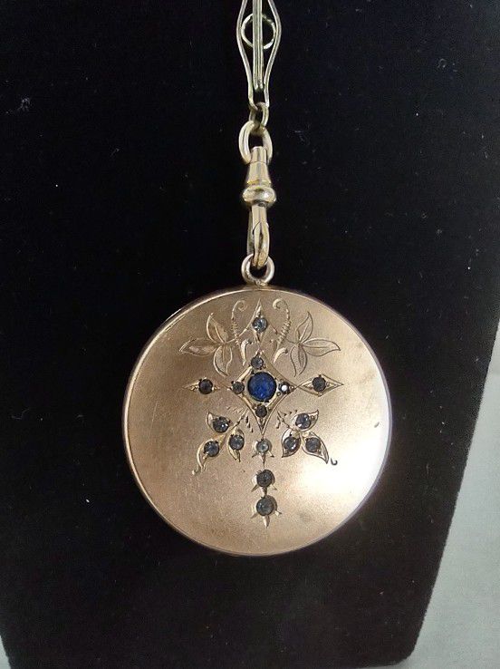 Art Nouveau Pocket Watch Chain Locket Sapphire Stone