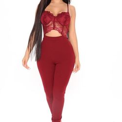 Fashion Nova Burgundy Lace Bodysuit Size Large