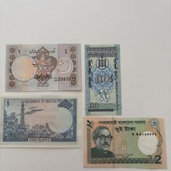 4 Asian Banknotes Lot Pakistan Bangladesh Mongolia Currency Set