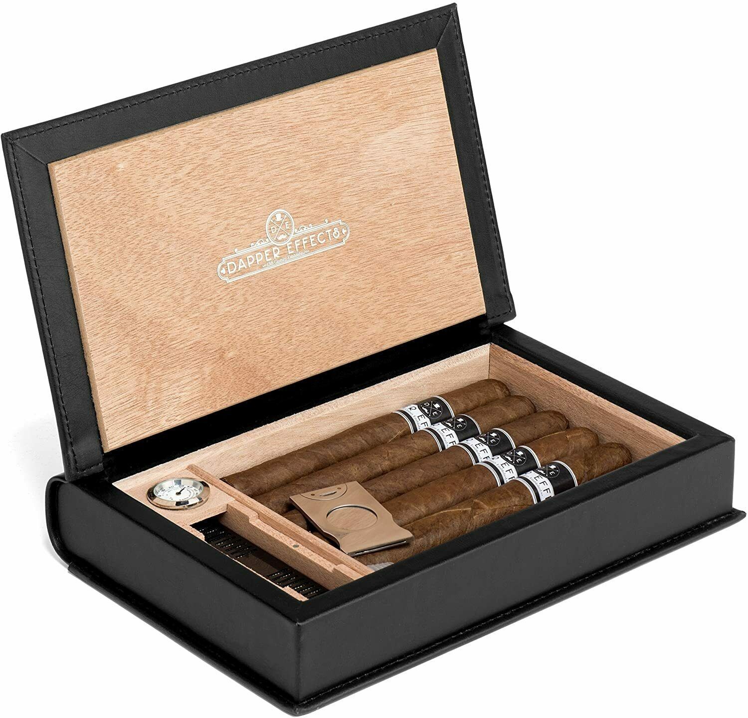 Dapper Effects Travel Cigar Humidor Secret Hollow Leather Book Deluxe Hygrometer