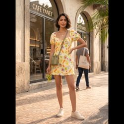 Yellow Short Puff Sleeve Mini Dress with Fruit Print