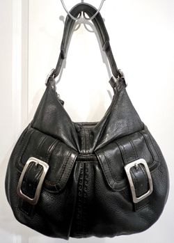 🖤COLE HAAN Y2K Large Black Leather Hobo Shoulder Bag Silver Buckle Flap Pockets
