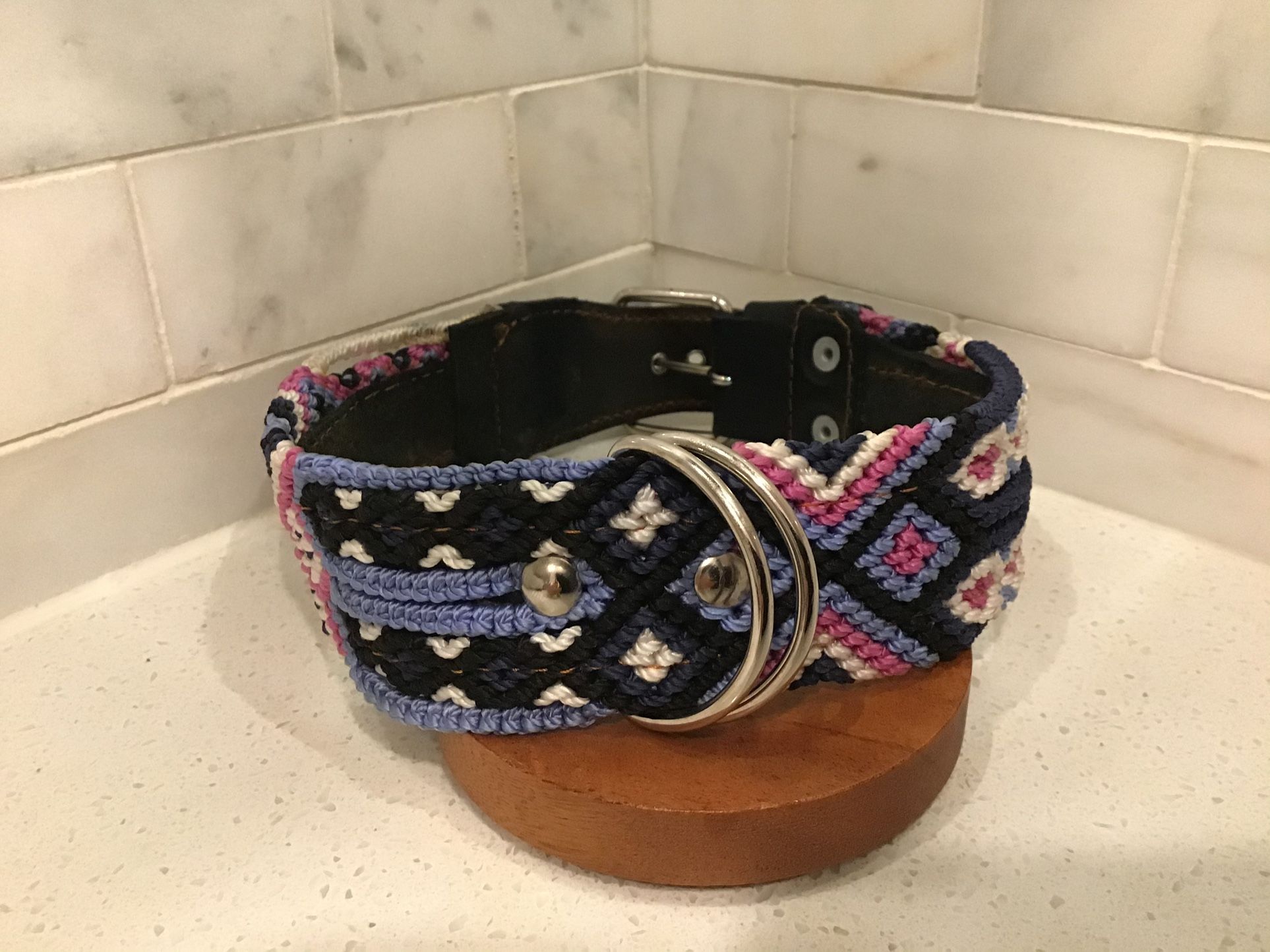 Handmade Dog Collar – 19.5” Large – Navy, Lilac & Pink Diamond Weave