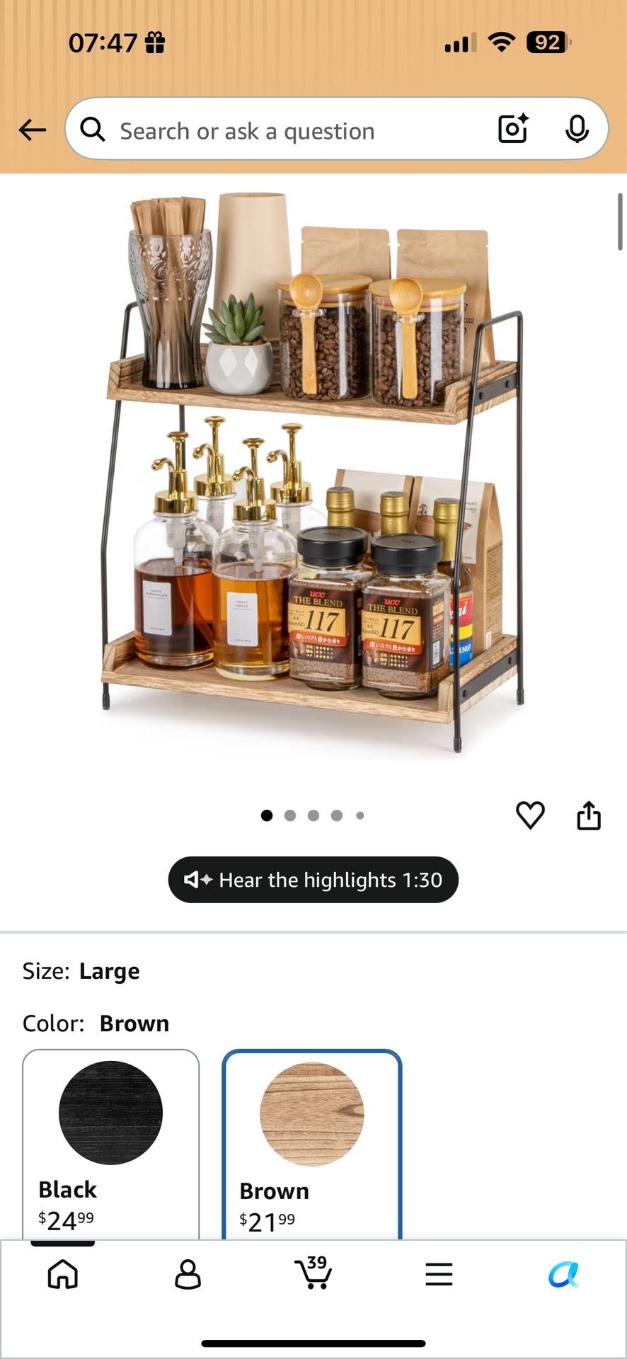 2 Tier Wooden Shelf for Coffee Bar Accessories