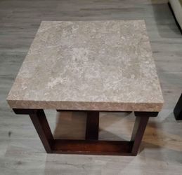 Pair of Modern Stone‑Top Side Tables – Solid Wood Base