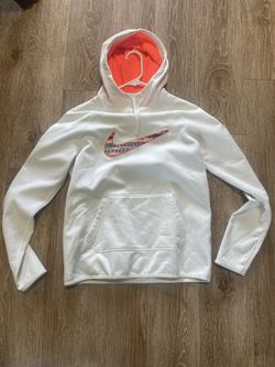 Nike Therma Fit Hoodie White/Orange Swoosh Activewear Pullover Women’s Sz Small