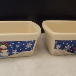 Pair Of Christmas Holiday Snowman Ceramic Mini Loaf Pans  2" x 5"