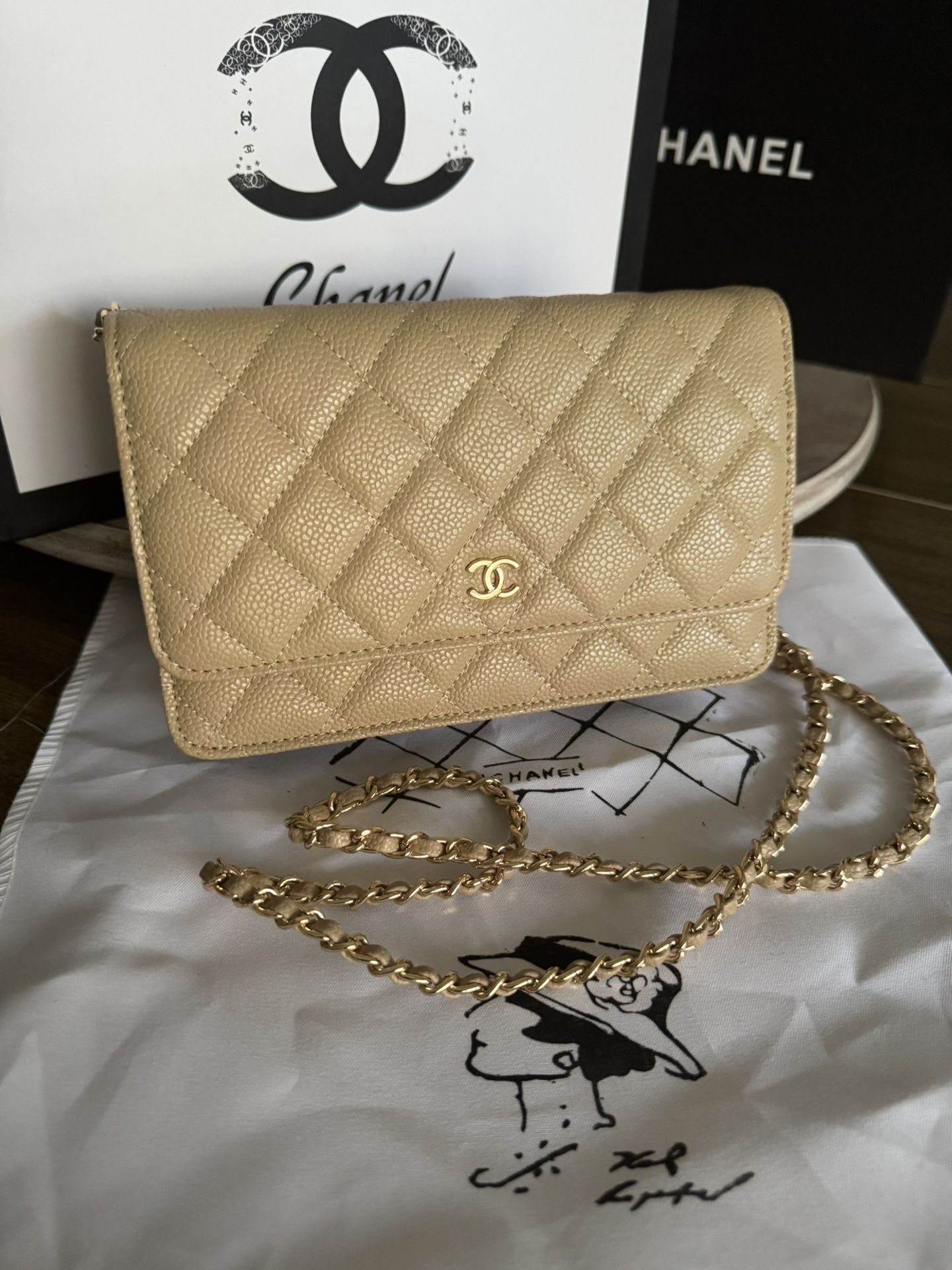 CHANEL Timeless Camel Caviar Leather Wallet on Chain Shoulder/Cros Bag