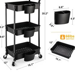 3-Tier Utility Rolling Cart, Mobile Utility Cart with Lockable Caster Wheels, Storage Shelves Organizer
