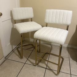 2 White Bouclé Bar Stools w/ Gold Base – Modern Luxury Style