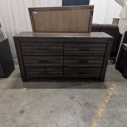 Rustic Dark Wood Six-Drawer Dresser with Mirror
