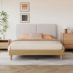 Upholstered Bed Frame with Linen Fabric Headboard, Strong Wood Slats Supports Platform Bed, Queen Size Bed, Beige