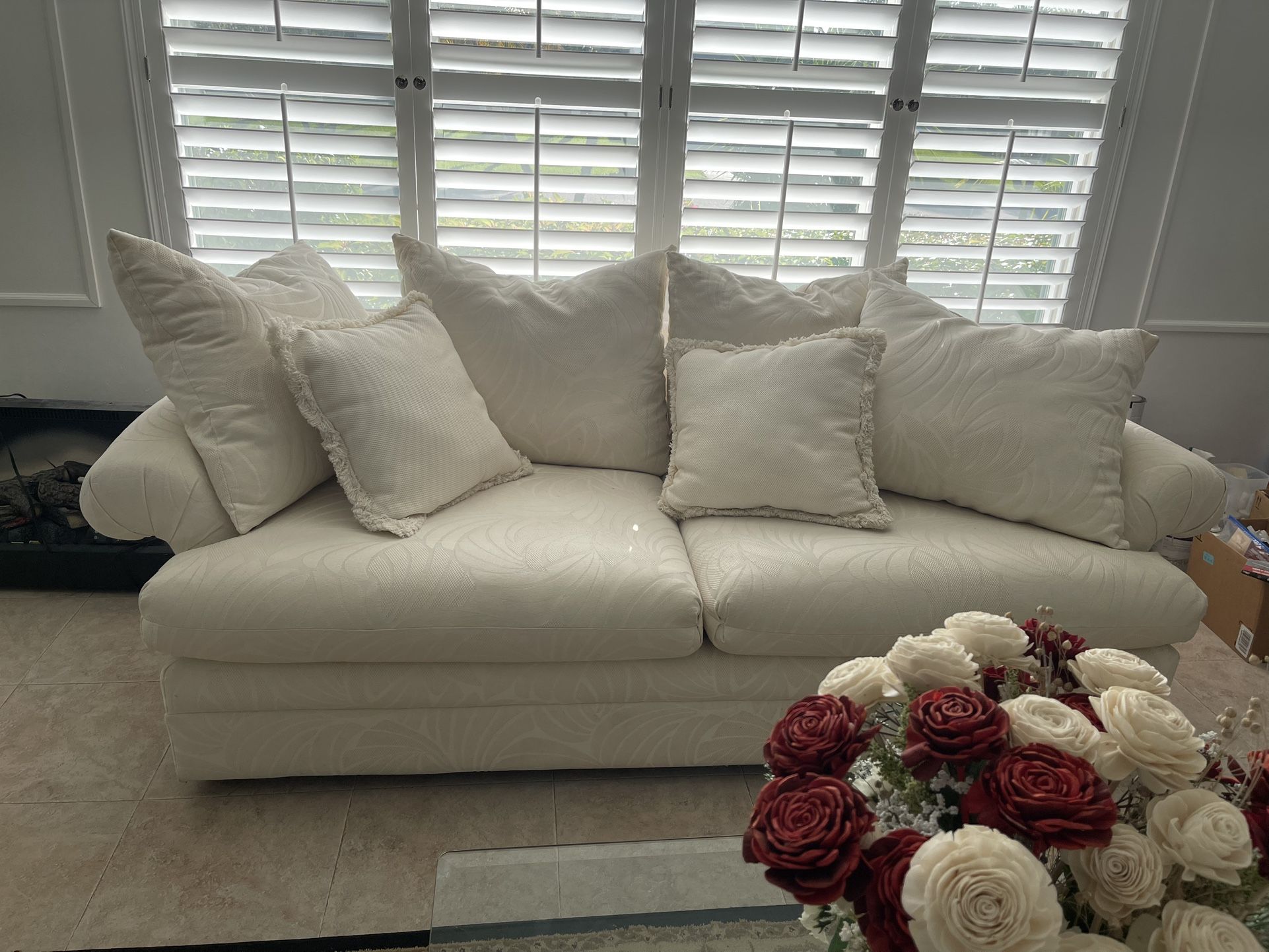 White Fabric Sofa, Sleeper And Loveseat.